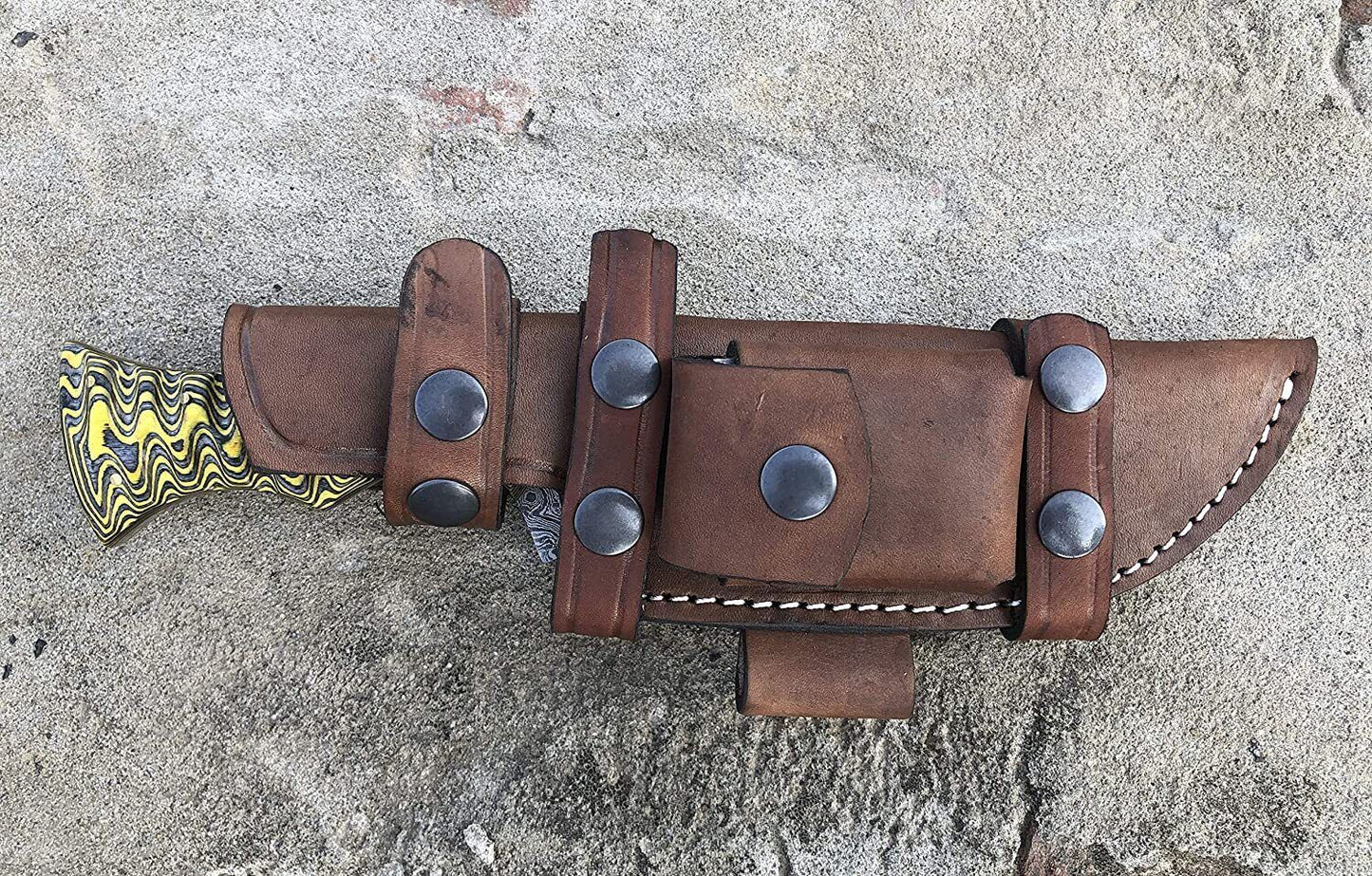 Handmade Damascus Steel Tracker Knife with Two-Tone Dollar Wood Handle – Fixed Blade Hunting Knife with Leather Sheath