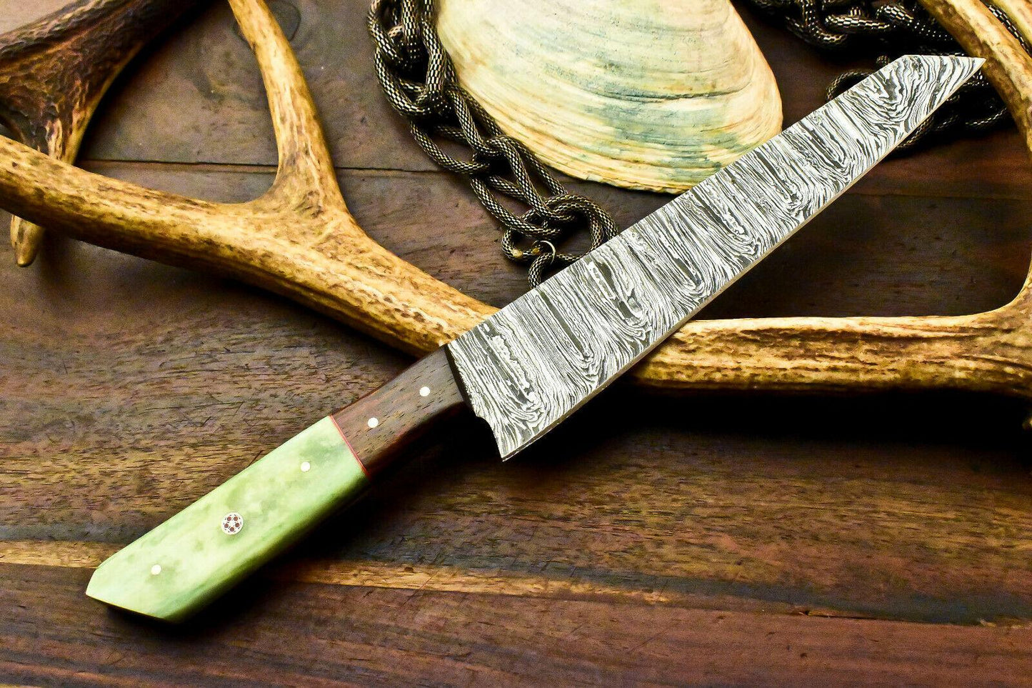 Custom Handmade Damascus Steel Chef & Hunting Knife | Hardwood Handle
