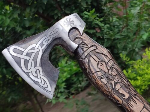 Hand Forged Carbon Steel Viking Axe 19 Inch Throwing Hatchet with Carved Ashwood Handle and Leather Sheath