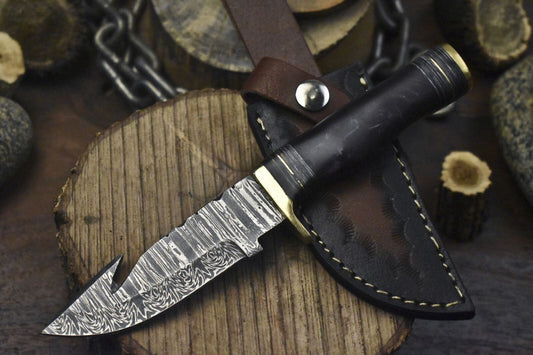 Forged Damascus Skinner Knife with Gut Hook Twist Pattern Micarta Handle Hunting Blade