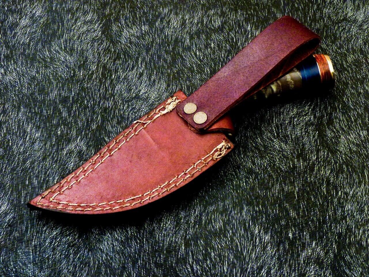Heritage Forge 8 Inch Damascus Steel Hunting Knife with Ram Horn and Wood Handle