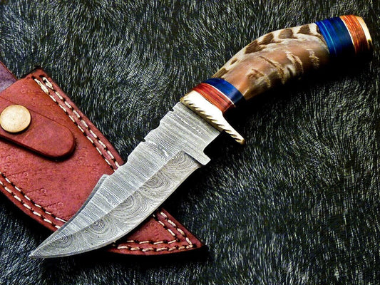 Heritage Forge 8 Inch Damascus Steel Hunting Knife with Ram Horn and Wood Handle