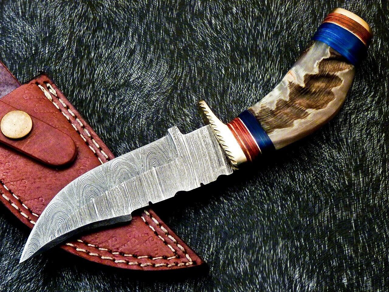 Heritage Forge 8 Inch Damascus Steel Hunting Knife with Ram Horn and Wood Handle