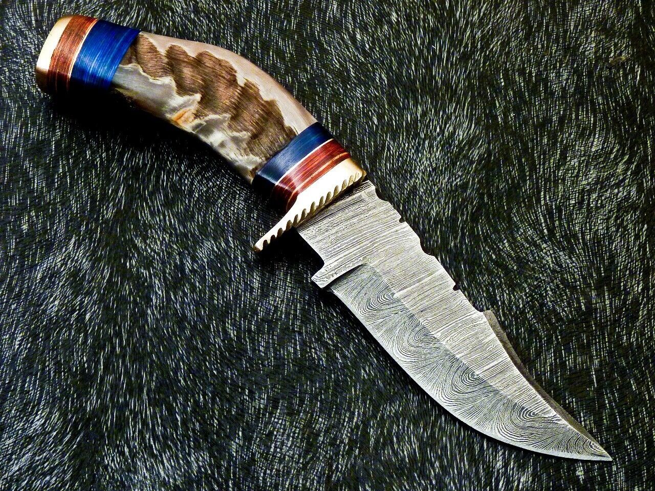 Heritage Forge 8 Inch Damascus Steel Hunting Knife with Ram Horn and Wood Handle