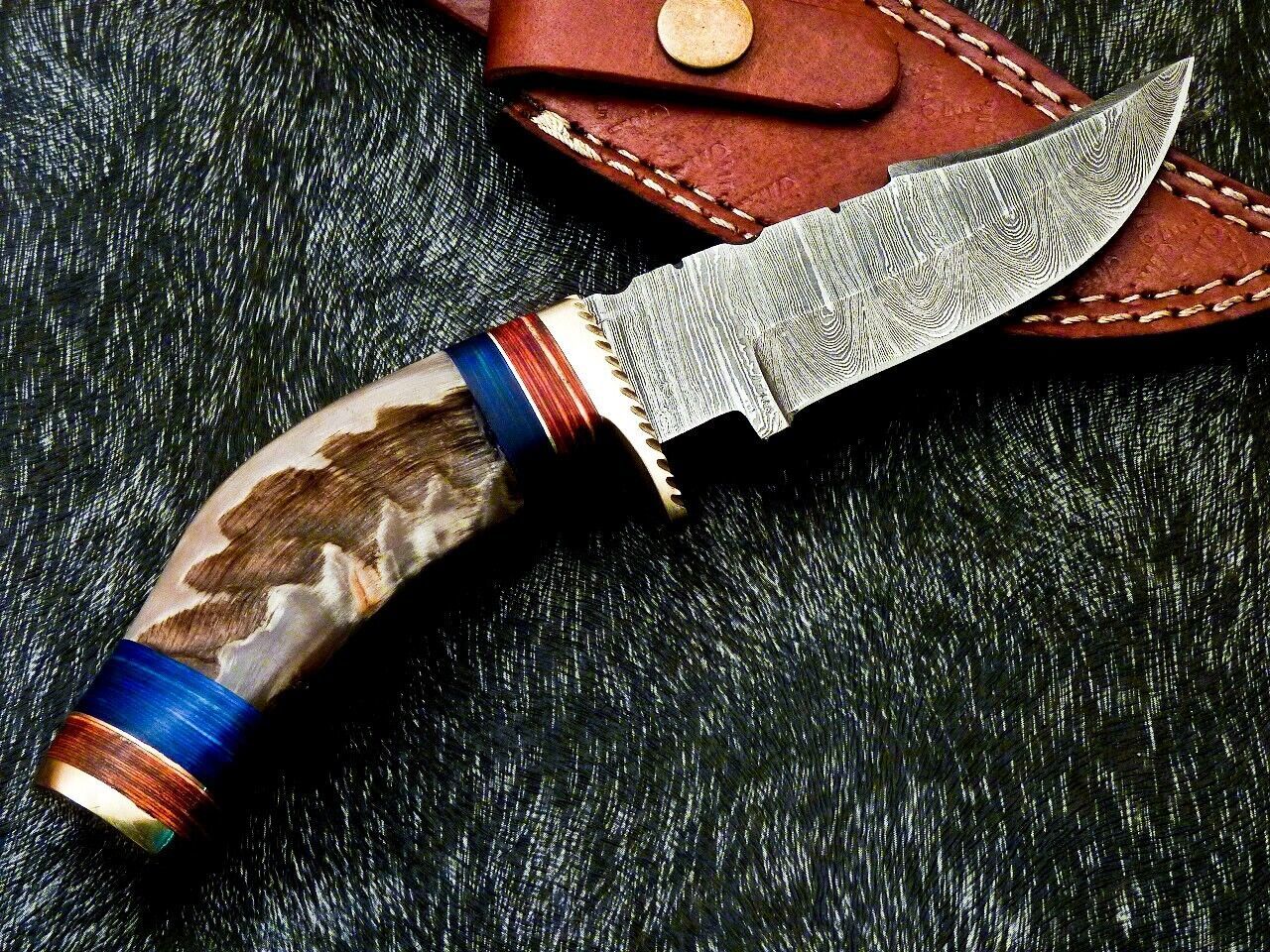 Heritage Forge 8 Inch Damascus Steel Hunting Knife with Ram Horn and Wood Handle