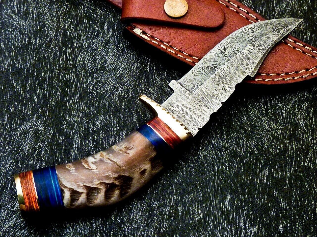 Heritage Forge 8 Inch Damascus Steel Hunting Knife with Ram Horn and Wood Handle