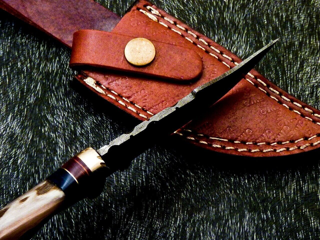 Heritage Forge 8 Inch Damascus Steel Hunting Knife with Ram Horn and Wood Handle