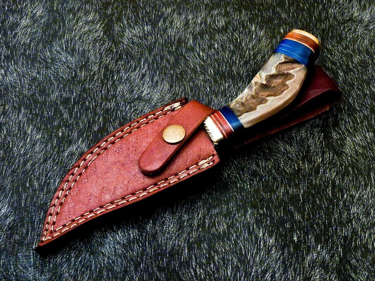 Heritage Forge 8 Inch Damascus Steel Hunting Knife with Ram Horn and Wood Handle
