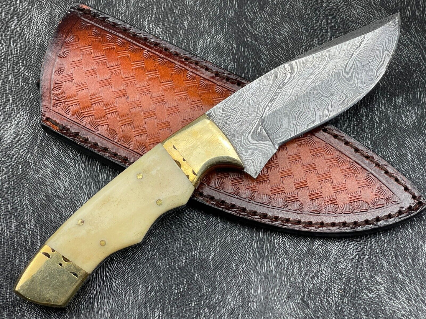 Heritage Forge 9 Inch Custom Handmade Damascus Steel Hunting Knife with Bone Handle and Leather Sheath