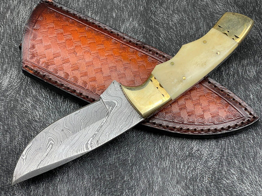 Heritage Forge 9 Inch Custom Handmade Damascus Steel Hunting Knife with Bone Handle and Leather Sheath