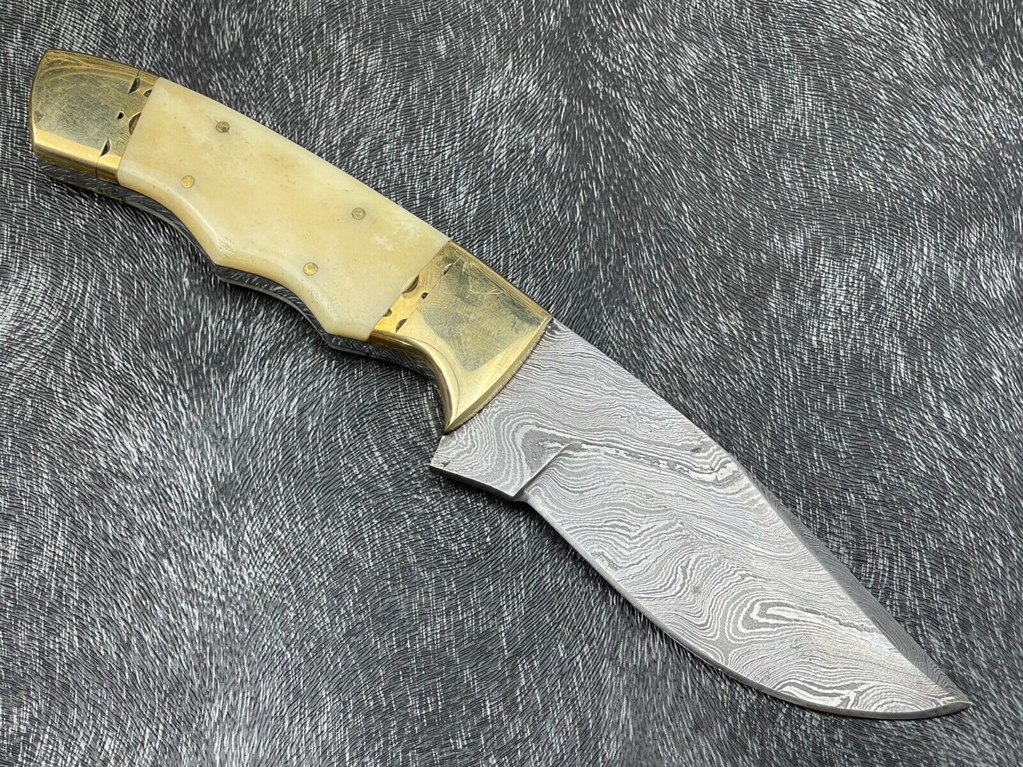 Heritage Forge 9 Inch Custom Handmade Damascus Steel Hunting Knife with Bone Handle and Leather Sheath