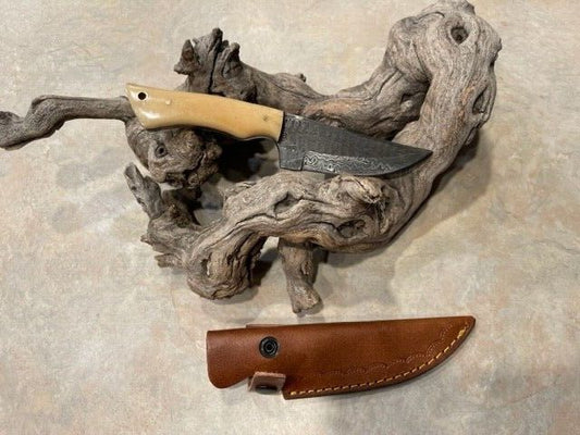 Bone Handle Damascus Skinner Knife with Mosaic Pin and Leather Sheath
