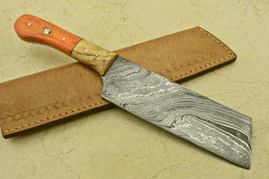 Custom Handmade Forged Damascus Steel Chef Chopper Kitchen Knife with Wood Handle