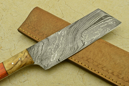 Custom Handmade Forged Damascus Steel Chef Chopper Kitchen Knife with Pakka & Olive Wood Handle – 12"