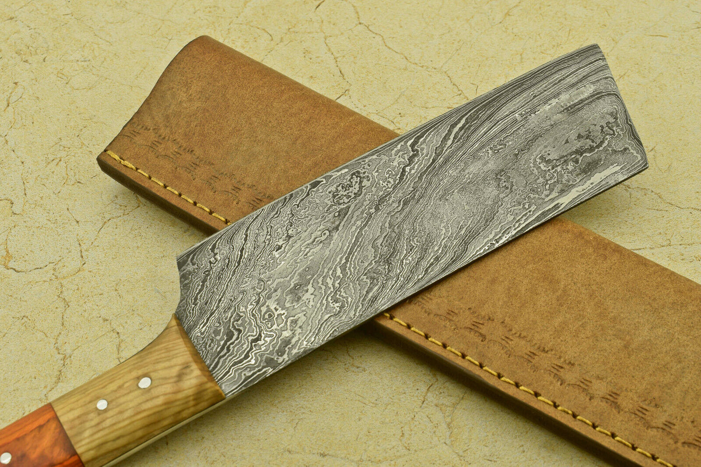 Custom Handmade Forged Damascus Steel Chef Chopper Kitchen Knife with Wood Handle