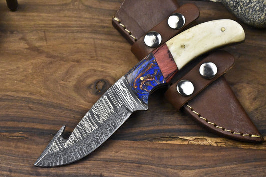 Forged Twist Damascus Skinner Knife with Gut Hook and Bone Handle for Camping