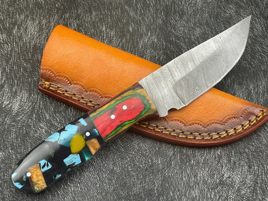 Handmade Damascus Steel Bowie Knife 8 Inch EDC with Resin and Hardwood Handle