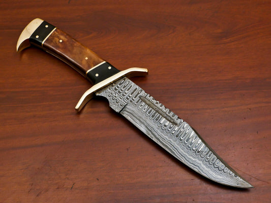 12 Inch Handmade Damascus Steel Bowie Knife with Stained Camel Bone and Bull Horn Handle