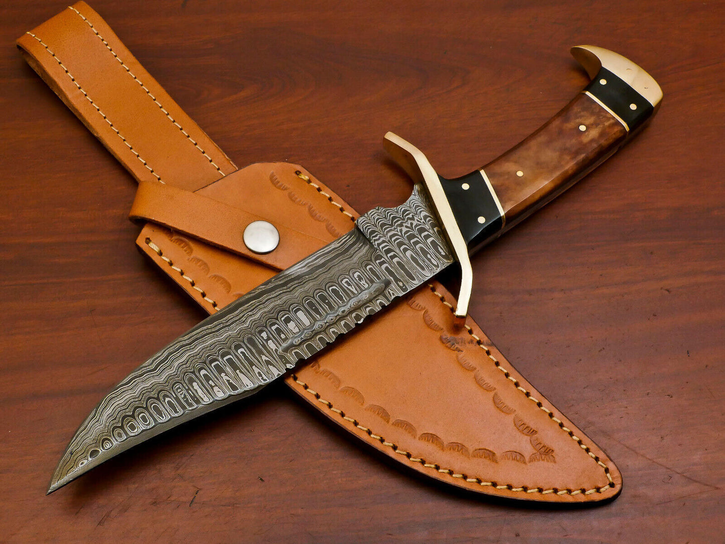 12 Inch Handmade Damascus Steel Bowie Knife with Stained Camel Bone and Bull Horn Handle