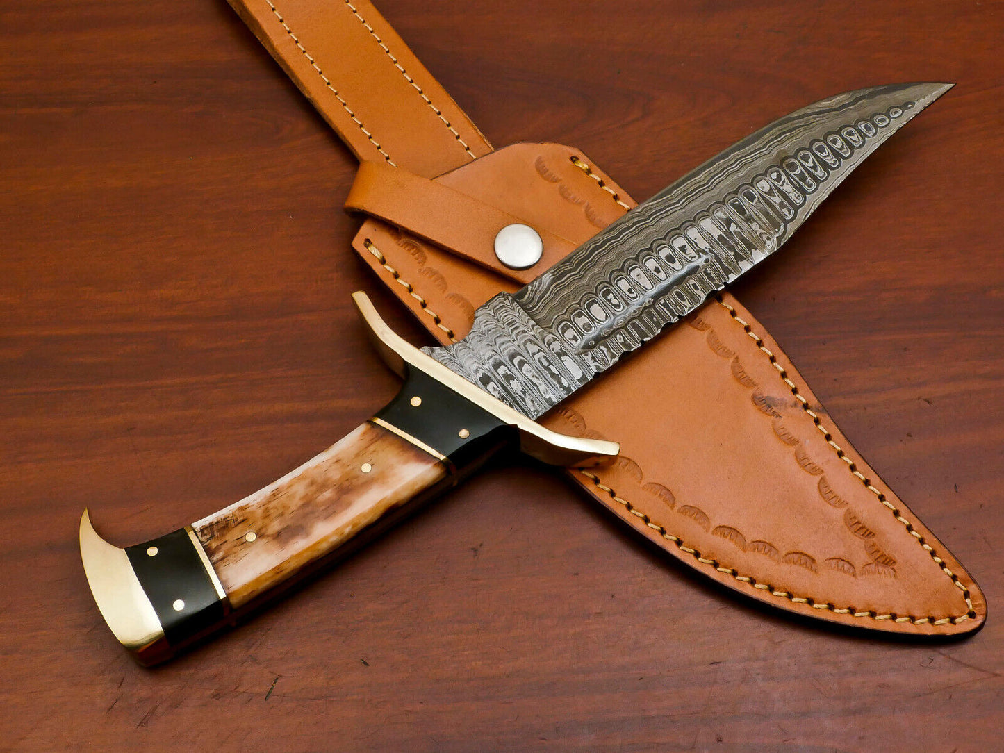12 Inch Handmade Damascus Steel Bowie Knife with Stained Camel Bone and Bull Horn Handle