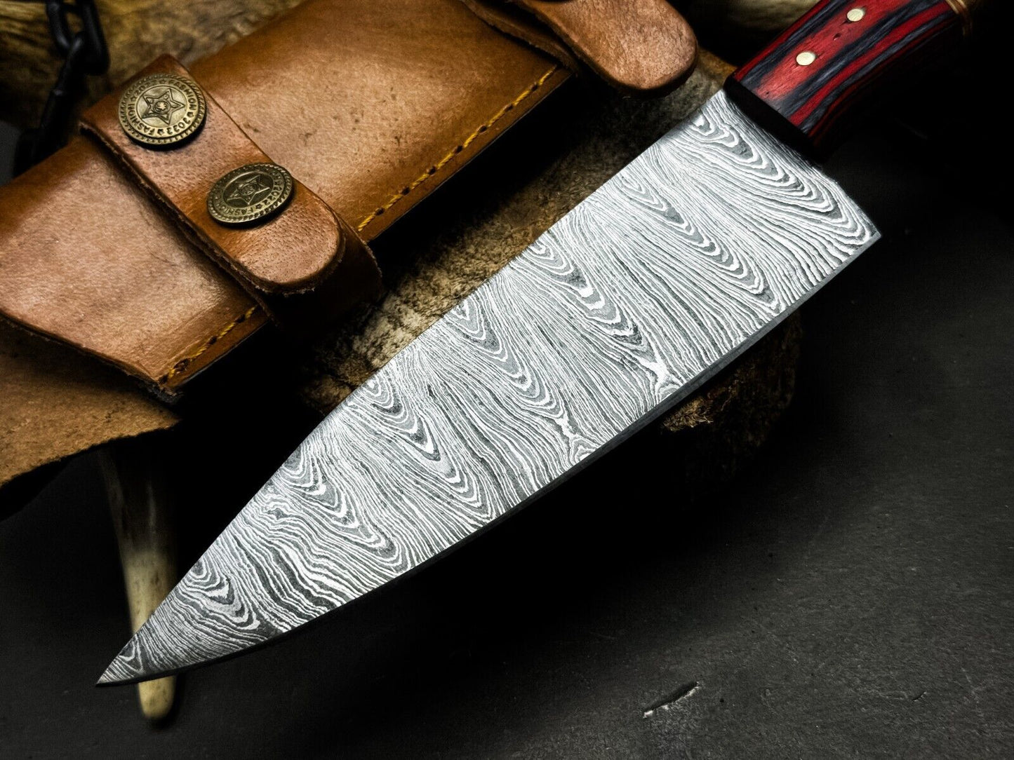 Handmade Damascus Steel Kitchen Chef Knife with Wood Handle & Leather Sheath