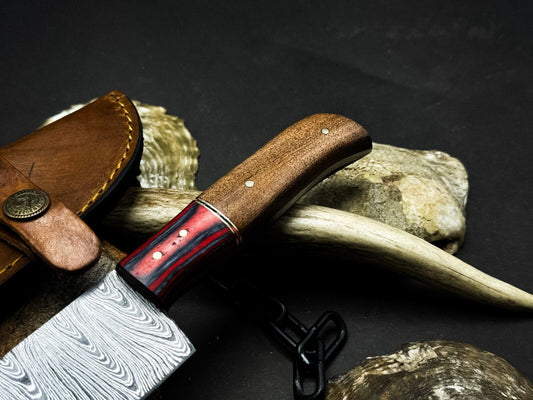 Handmade Damascus Steel Kitchen Chef Knife with Wood Handle & Leather Sheath