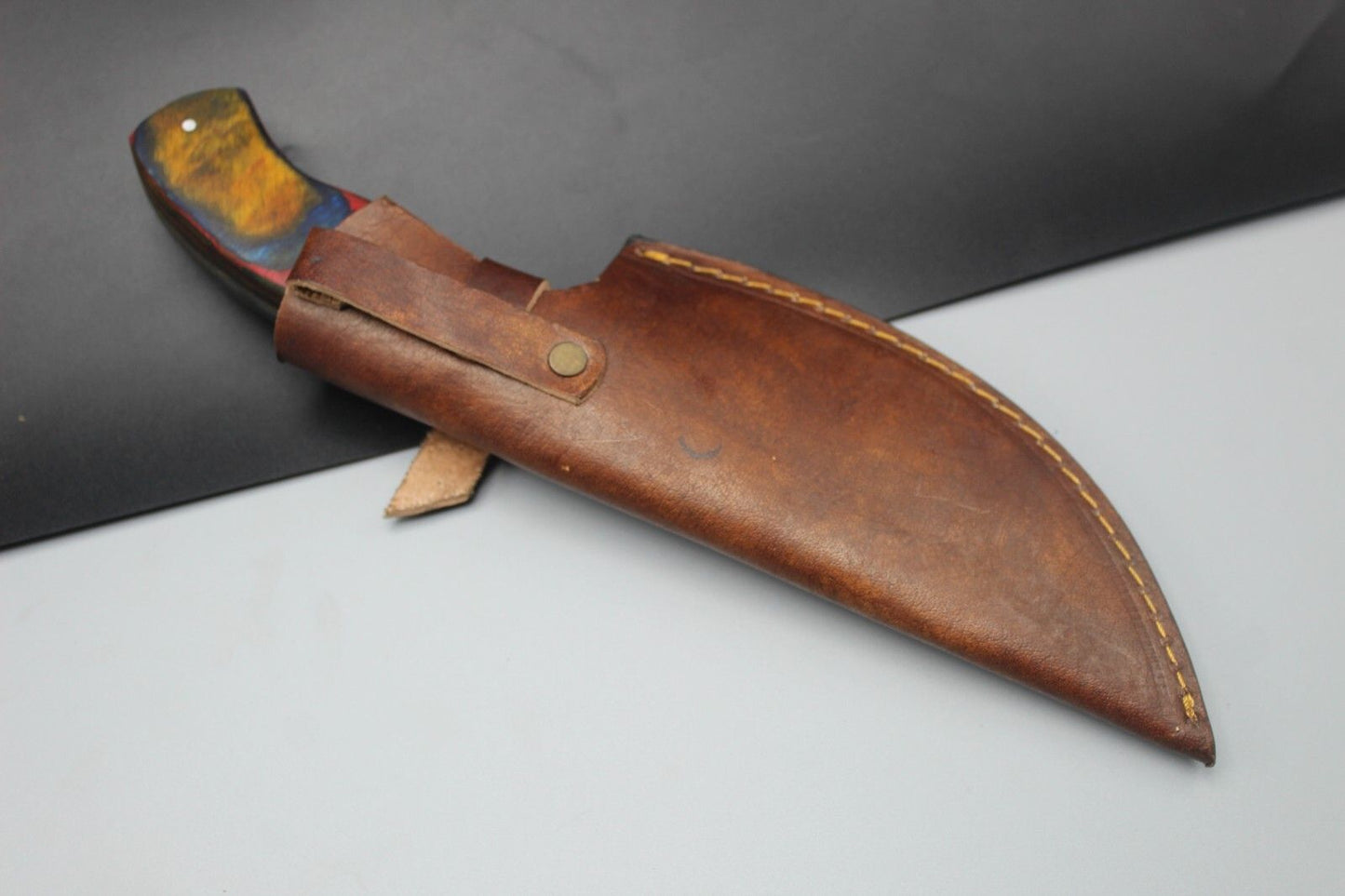 Handmade Damascus Steel Tracker Hunting Knife with Hardwood Handle and Leather Sheath