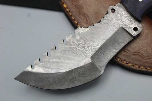 Handmade Damascus Steel Tracker Hunting Knife with Hardwood Handle and Leather Sheath