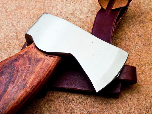 Custom Hand Forged Carbon Steel Viking Throwing Axe Bearded Hatchet Tomahawk with Natural Wood Handle and Leather Sheath 13"