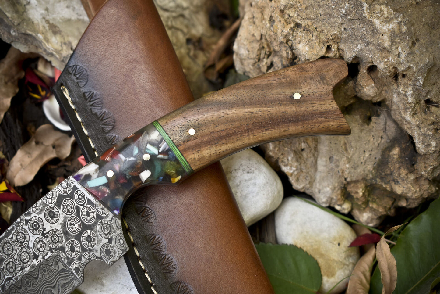 9" Handmade Rain Drop Damascus Skinner Knife with Walnut Wood Handle for Outdoor Use