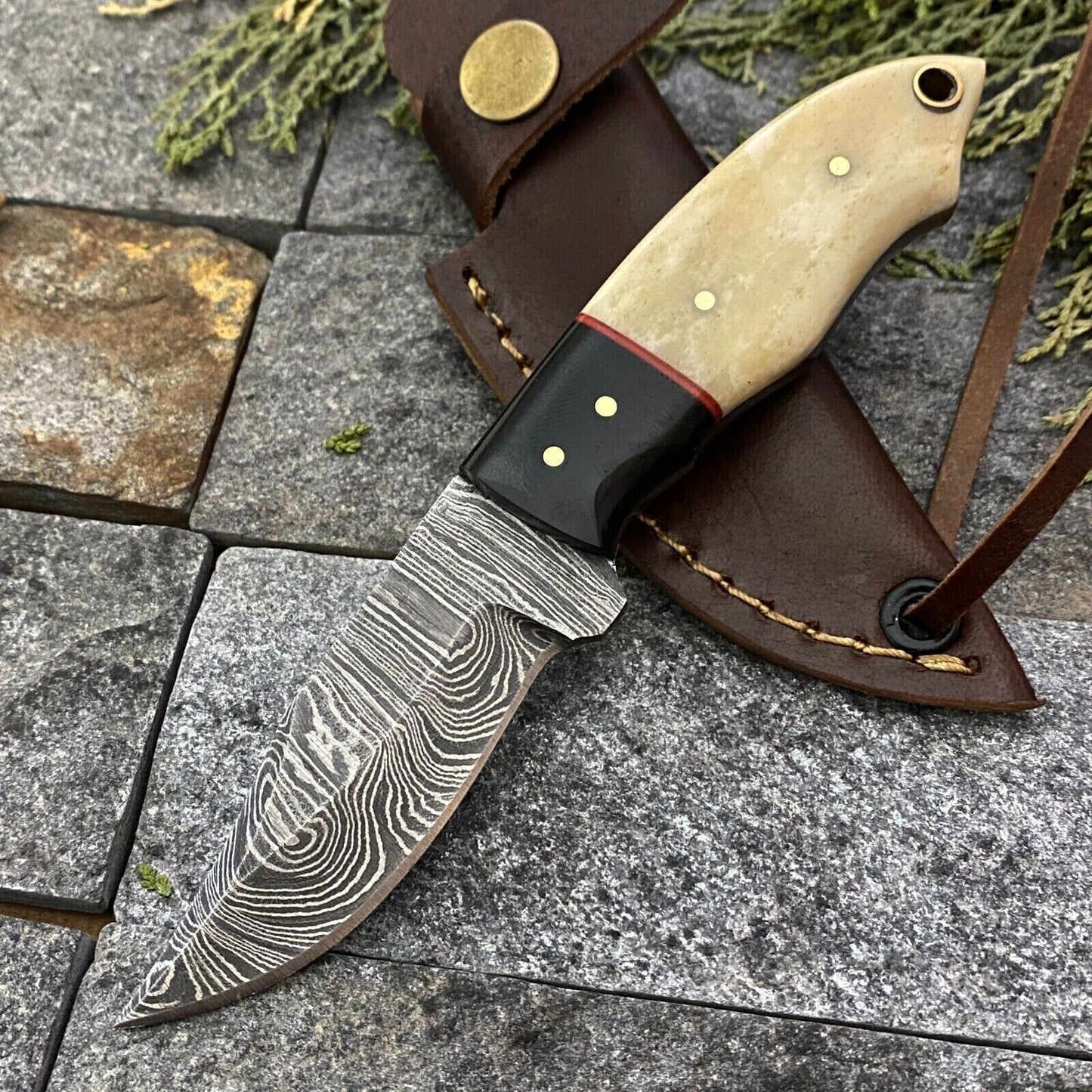6" Damascus Steel Mini Neck Knife – Handmade Bone & Horn Handle with Sheath