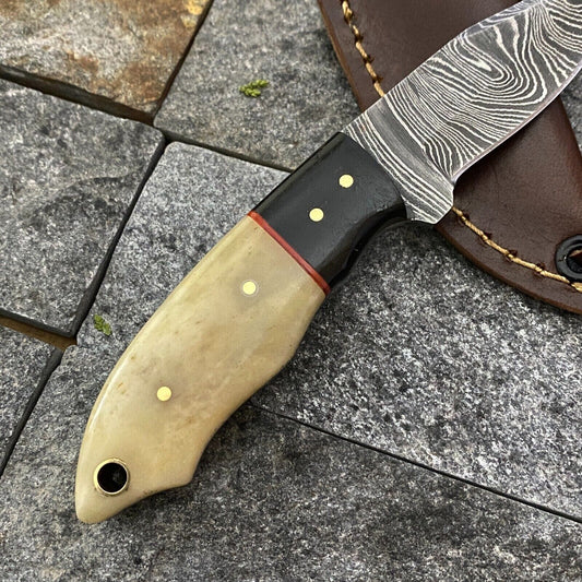6" Damascus Steel Mini Neck Knife – Handmade Bone & Horn Handle with Sheath