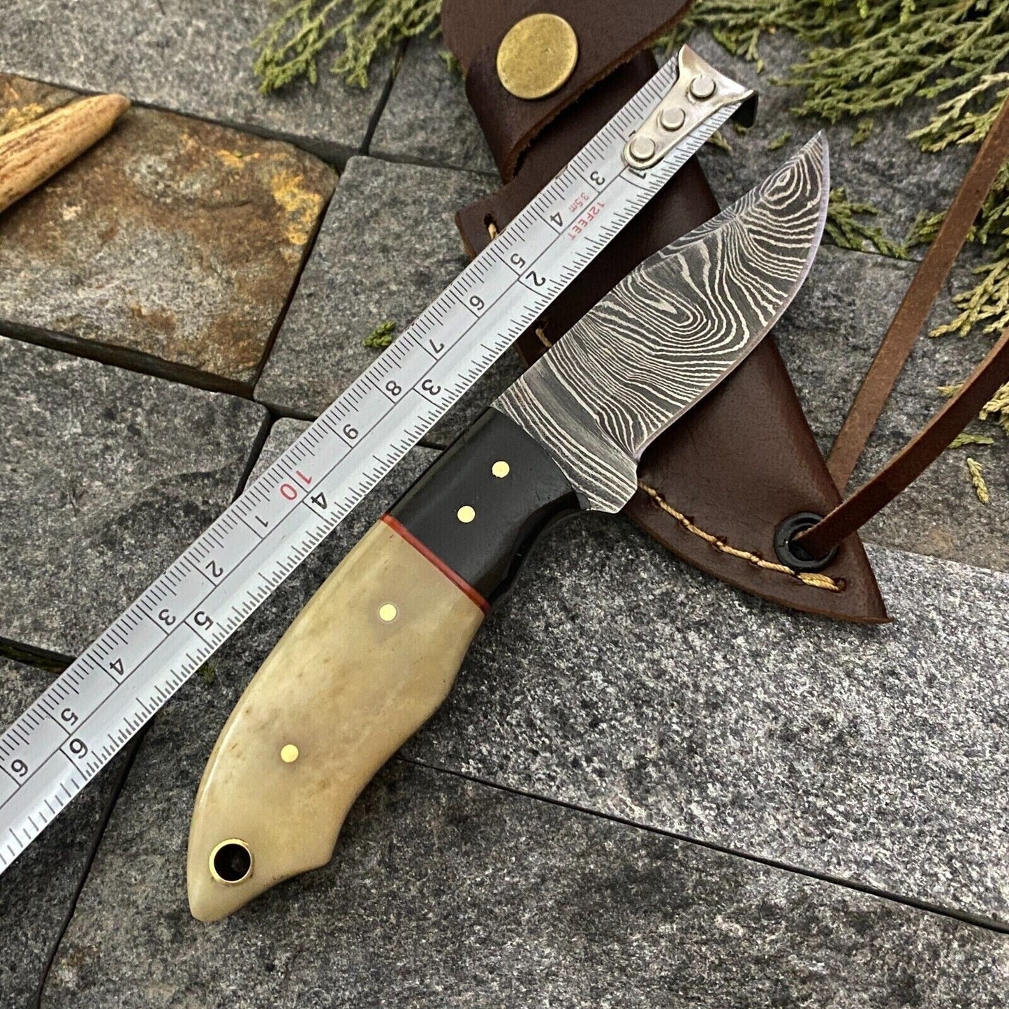 6" Damascus Steel Mini Neck Knife – Handmade Bone & Horn Handle with Sheath