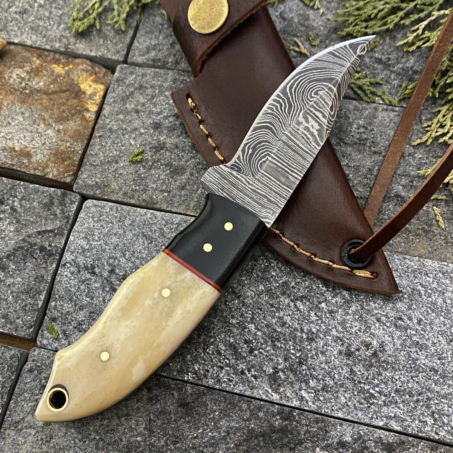 6" Damascus Steel Mini Neck Knife – Handmade Bone & Horn Handle with Sheath