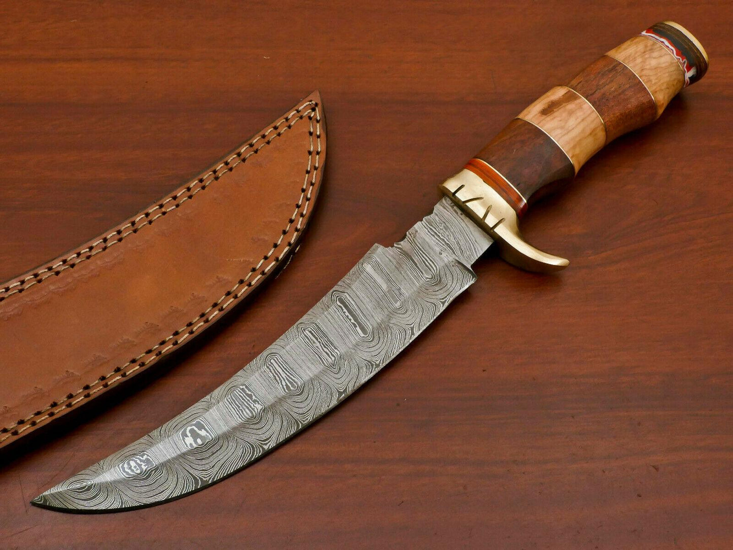 13" Damascus Bowie Knife – Rose, Olive & Pakka Wood Handle with Brass Guard