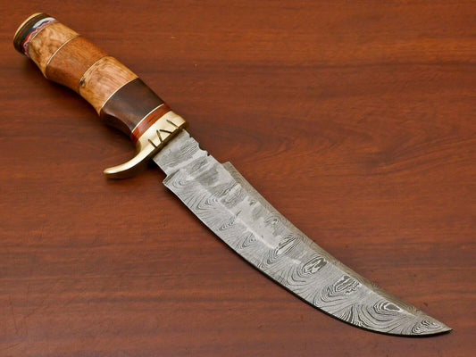 13" Damascus Bowie Knife – Rose, Olive & Pakka Wood Handle with Brass Guard