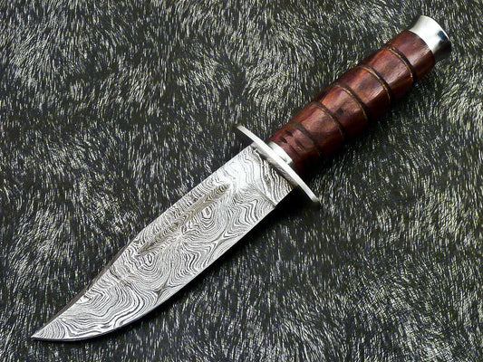 Hand Forged Damascus 9" Bowie Hunting Knife – Natural Wood Handle
