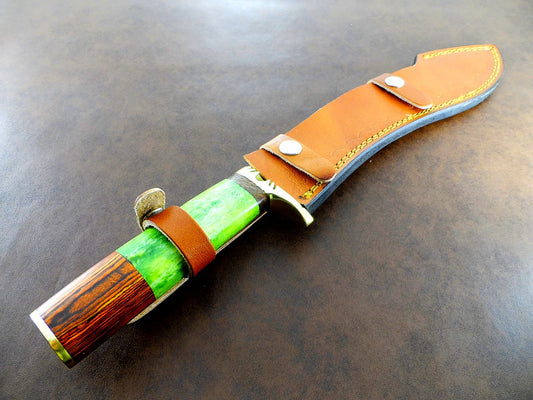 Shadowfang 15 Inch Damascus Kukri Bowie Knife | Hunting & Camping Dagger with Leather Sheath