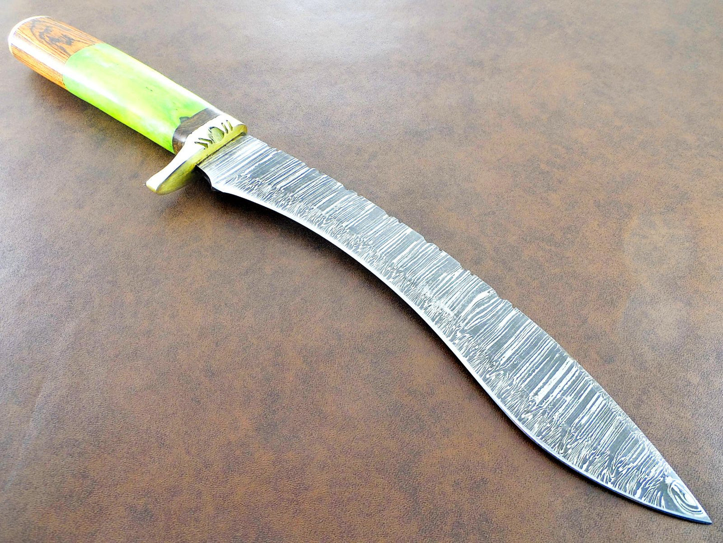 Shadowfang 15 Inch Damascus Kukri Bowie Knife | Hunting & Camping Dagger with Leather Sheath