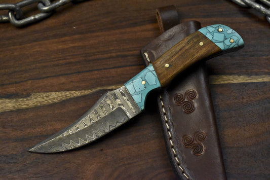 7.5" Ladder Damascus Skinner Knife Walnut Wood Custom Handmade Hunting Blade