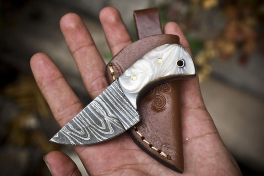 Mini Custom Twist Damascus Skinner Knife with Bone Handle – Hunter’s Miniature Outdoor Gift