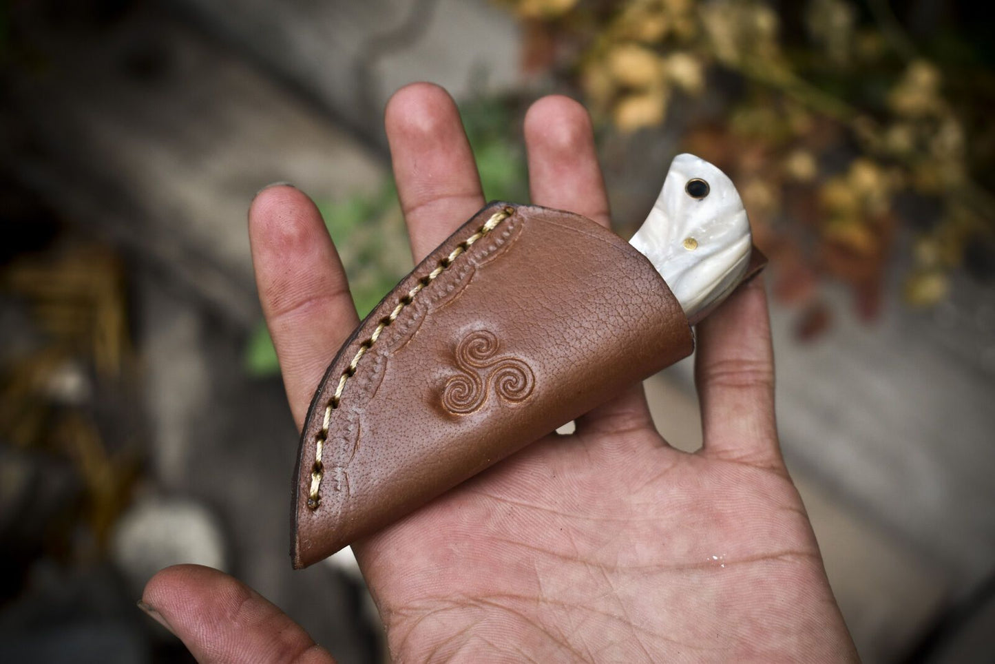 Mini Custom Twist Damascus Skinner Knife with Bone Handle – Hunter’s Miniature Outdoor Gift