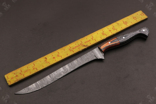12" Custom Hand Forged Damascus Fillet Knife Damascus Steel Fillet Knife With Leather Sheath