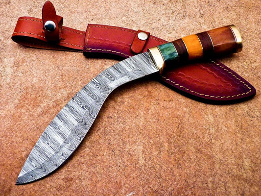 Heritage Forge 14" Damascus Steel Kukri Knife with Camel Bone and Wood Handle