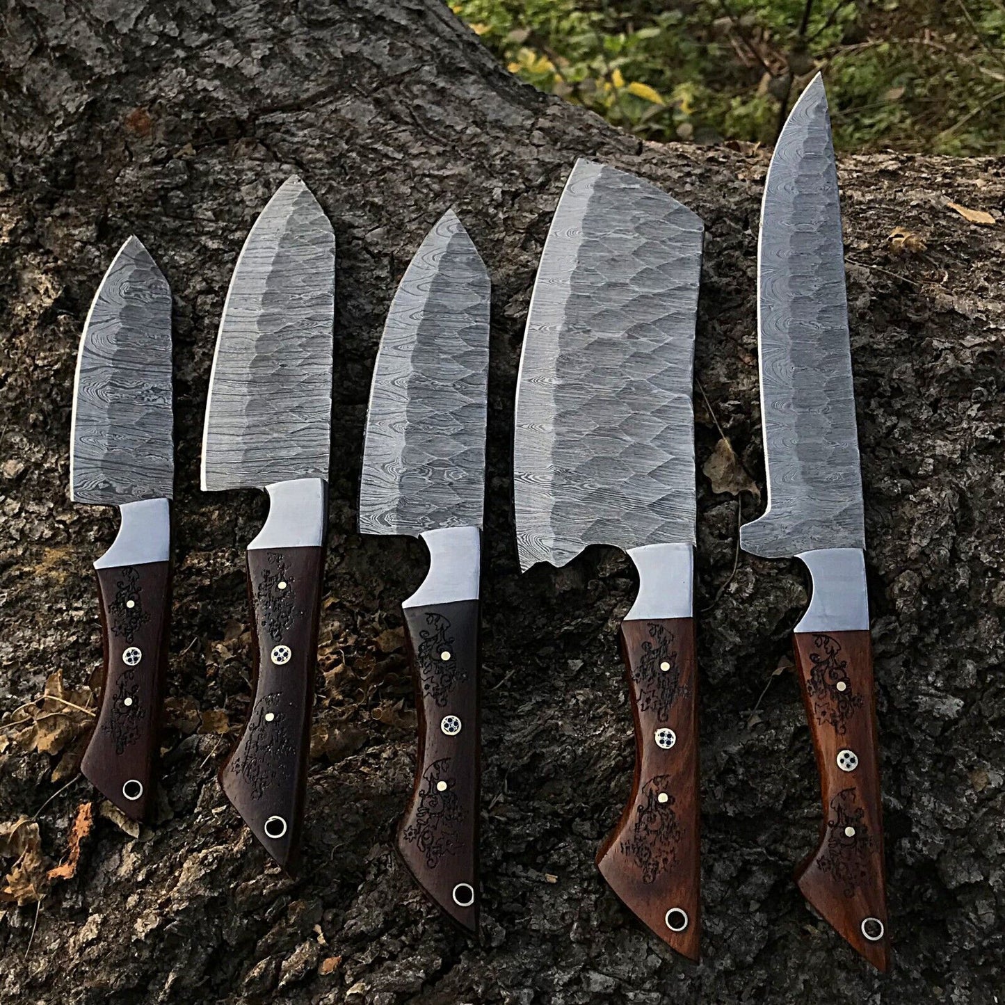 5pcs Custom Handmade Chef Knife Set – Damascus Forged Steel Kitchen Knives – Full Tang Professional Cooking Knife Set
