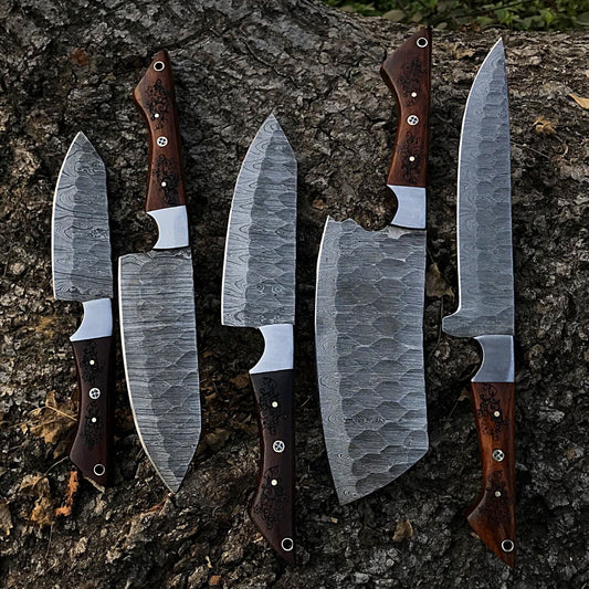 5pcs Custom Handmade Chef Knife Set – Damascus Forged Steel Kitchen Knives – Full Tang Professional Cooking Knife Set