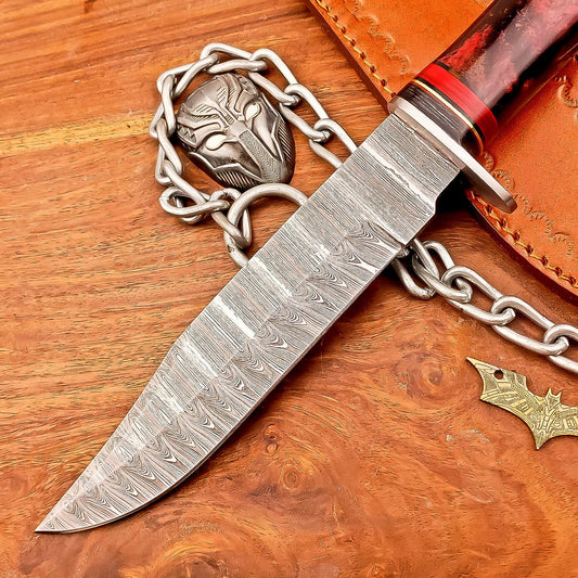 13 Inch Handmade Damascus Steel Bowie Knife with Resin Handle and Leather Sheath