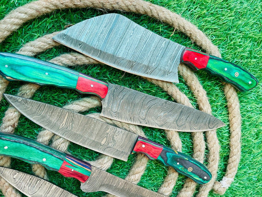 5-Piece Handmade Damascus Steel Chef Knife Set with Leather Bag