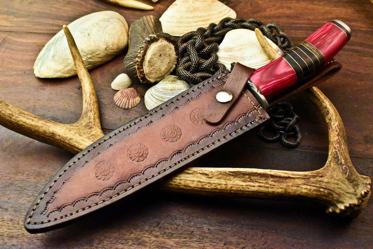 Custom Damascus Steel Bowie Knife – Walnut Wood Handle, 14" Hunting Blade