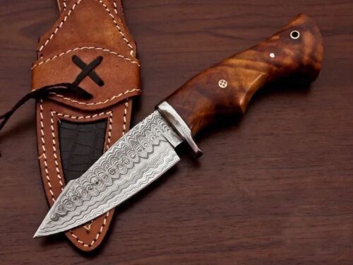 Custom Handmade Damascus Steel Bowie Hunting Knife | Rose Wood Handle | 9" Overall | Leather Sheath